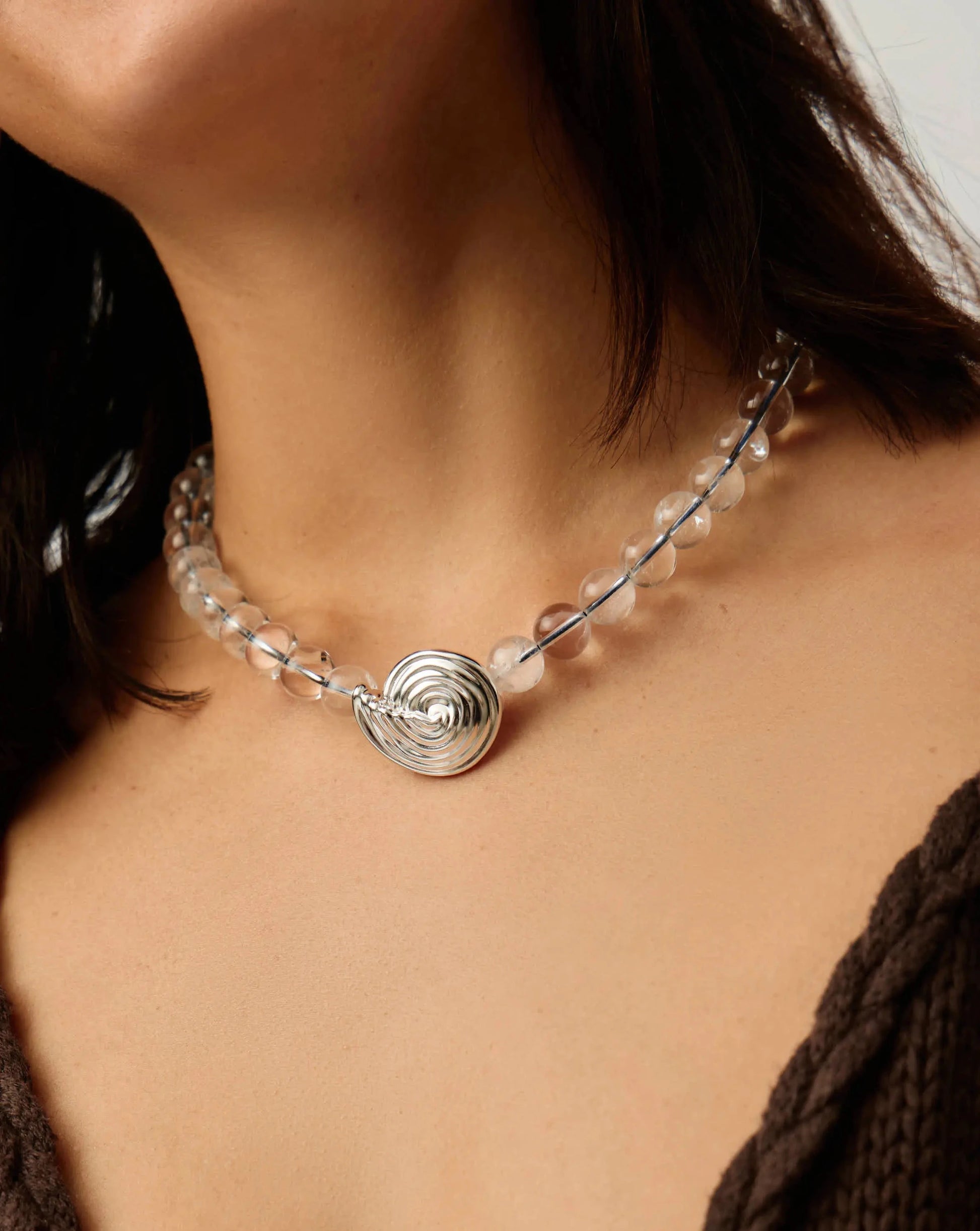 Spiral Gemstone Beaded Pendant Necklace | Silver Plated/Clear Crystal Quartz Necklaces Missoma 