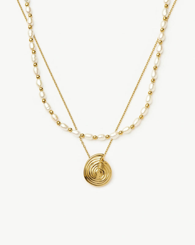 Spiral Pendant Necklace & Pearl Beaded Choker Set | 18ct Gold Plated / Pearl