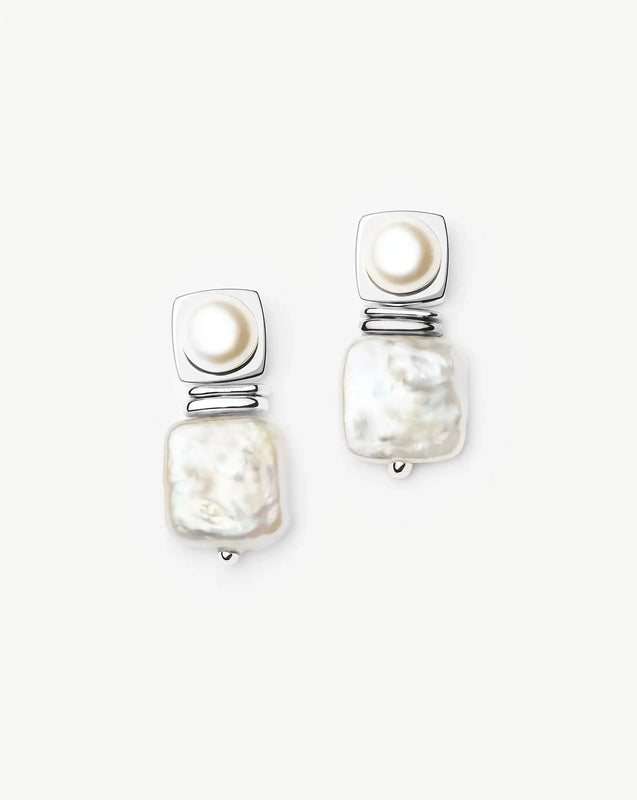 Square Pearl Small Stud Earrings | Silver Plated