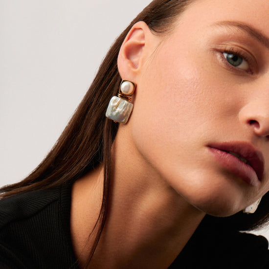 Square Pearl Statement Stud Earrings | 18ct Gold Plated/Pearl Earrings Missoma 