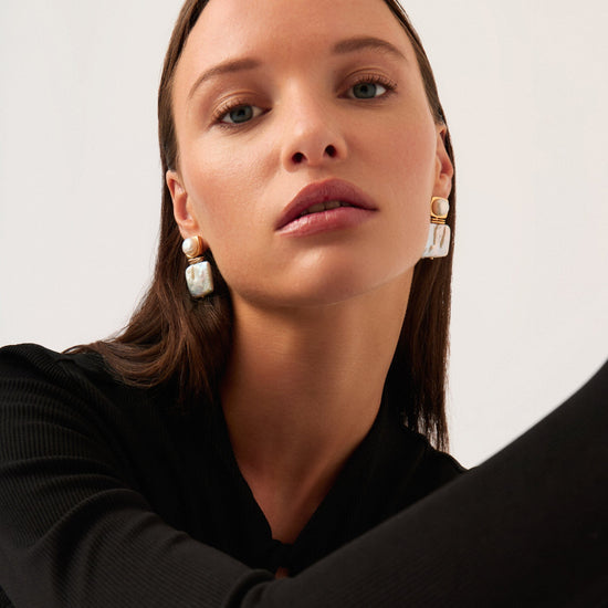 Square Pearl Statement Stud Earrings | 18ct Gold Plated/Pearl Earrings Missoma 