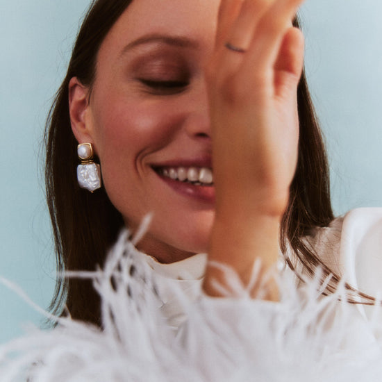 Square Pearl Statement Stud Earrings | 18ct Gold Plated/Pearl Earrings Missoma 