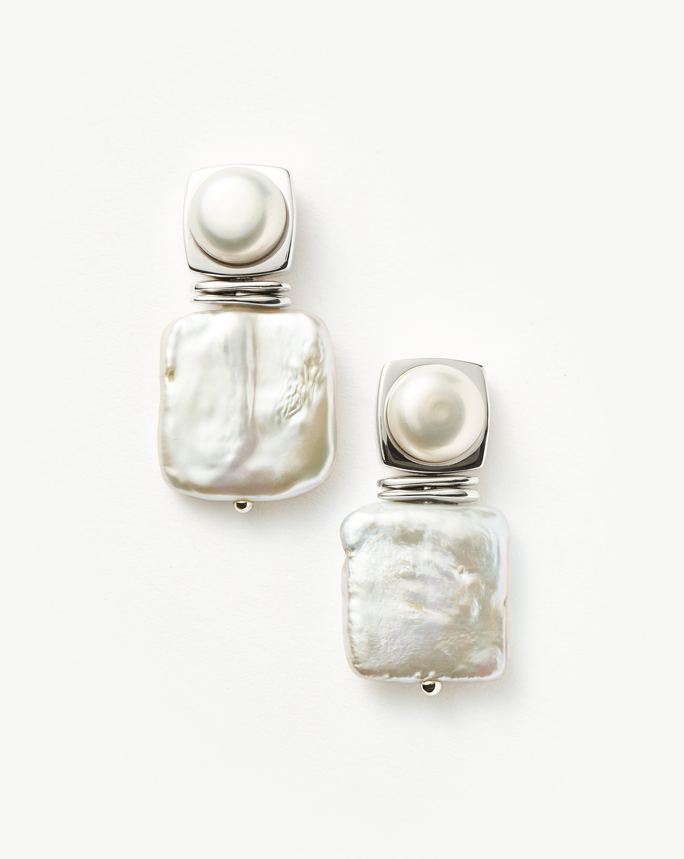 Square Pearl Statement Stud Earrings | Silver Plated/Pearl Earrings Missoma 