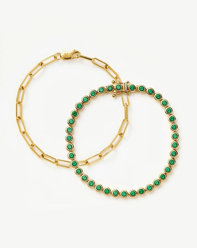 Tennis & Paperclip Bracelet Set | 18ct Gold Plated/18ct Gold Vermeil/Emerald Green Nano-crystal