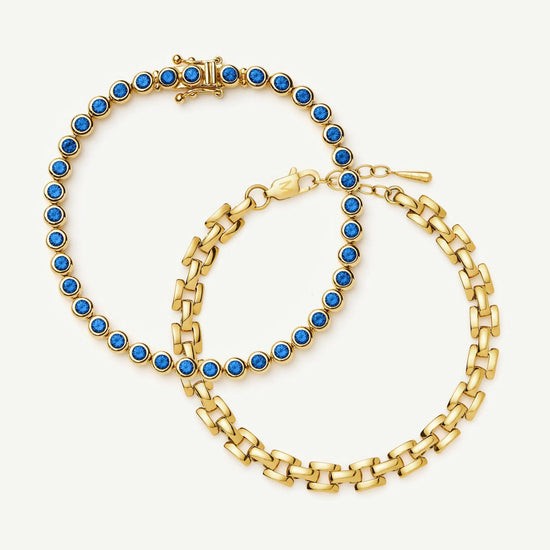 Tennis & Timepiece Bracelet Set | 18ct Gold Plated/18ct Gold Vermeil/Sapphire Blue Nano-crystal Bracelets Missoma 