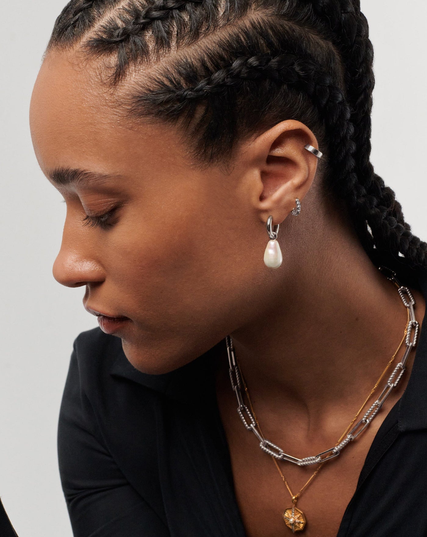 Baroque Pearl Drop Tunnel Mini Hoop Earrings Sterling Silver Earrings