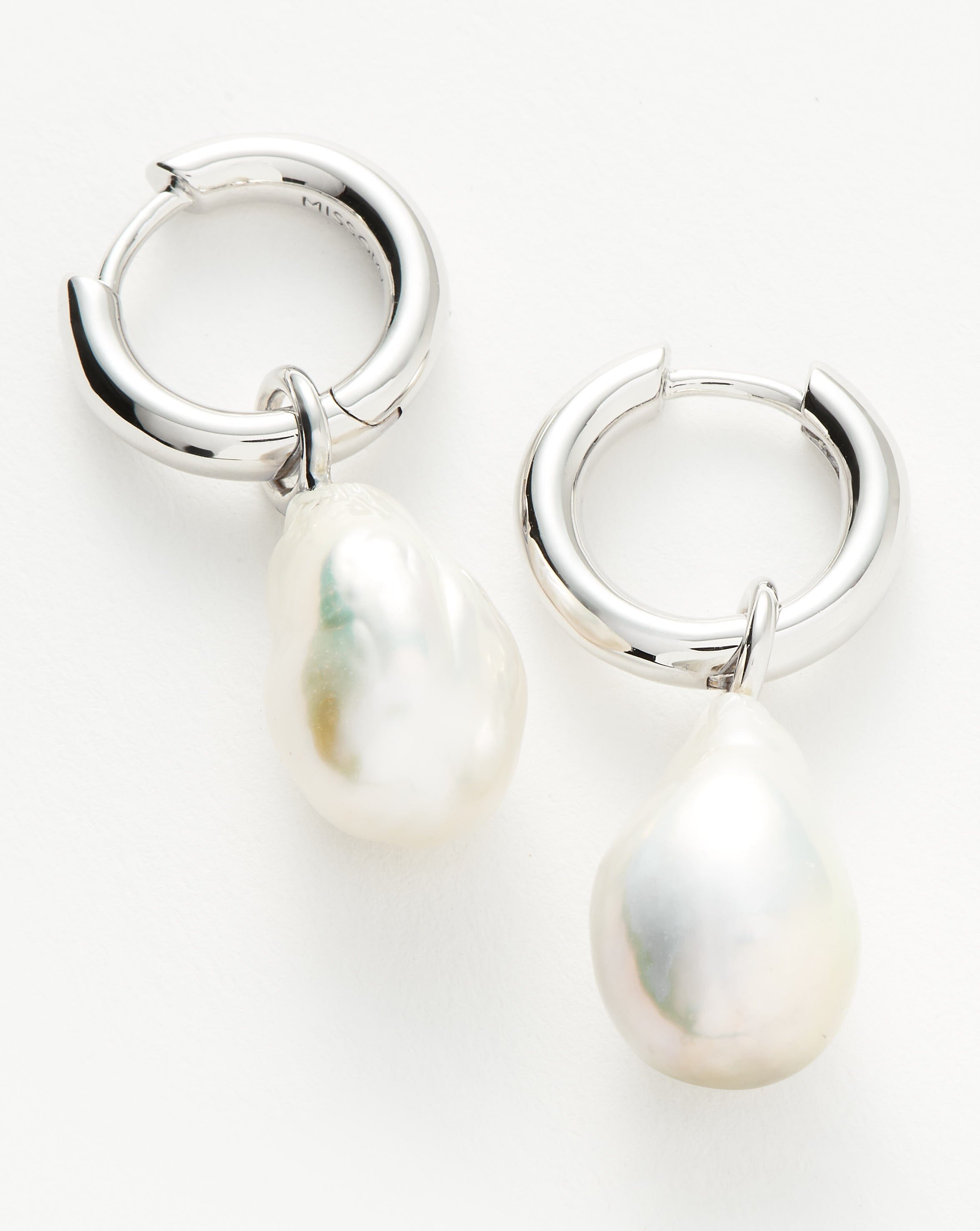Baroque Pearl Drop Tunnel Mini Hoop Earrings Sterling Silver
