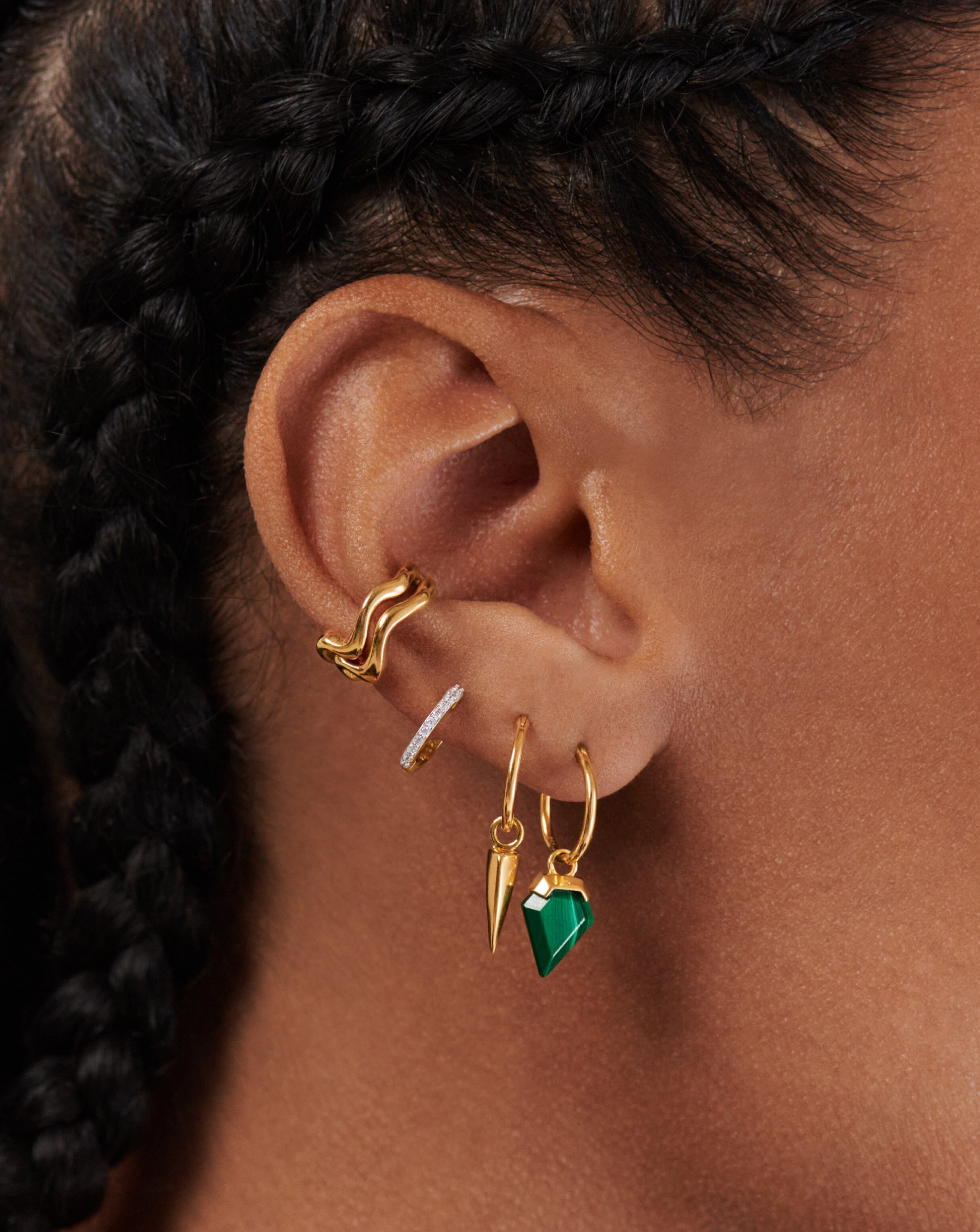 Claw Gemstone Mix and Match Charm Mini Hoop Earring Set | 18ct Gold Plated Vermeil/Malachite Layering Sets Missoma 