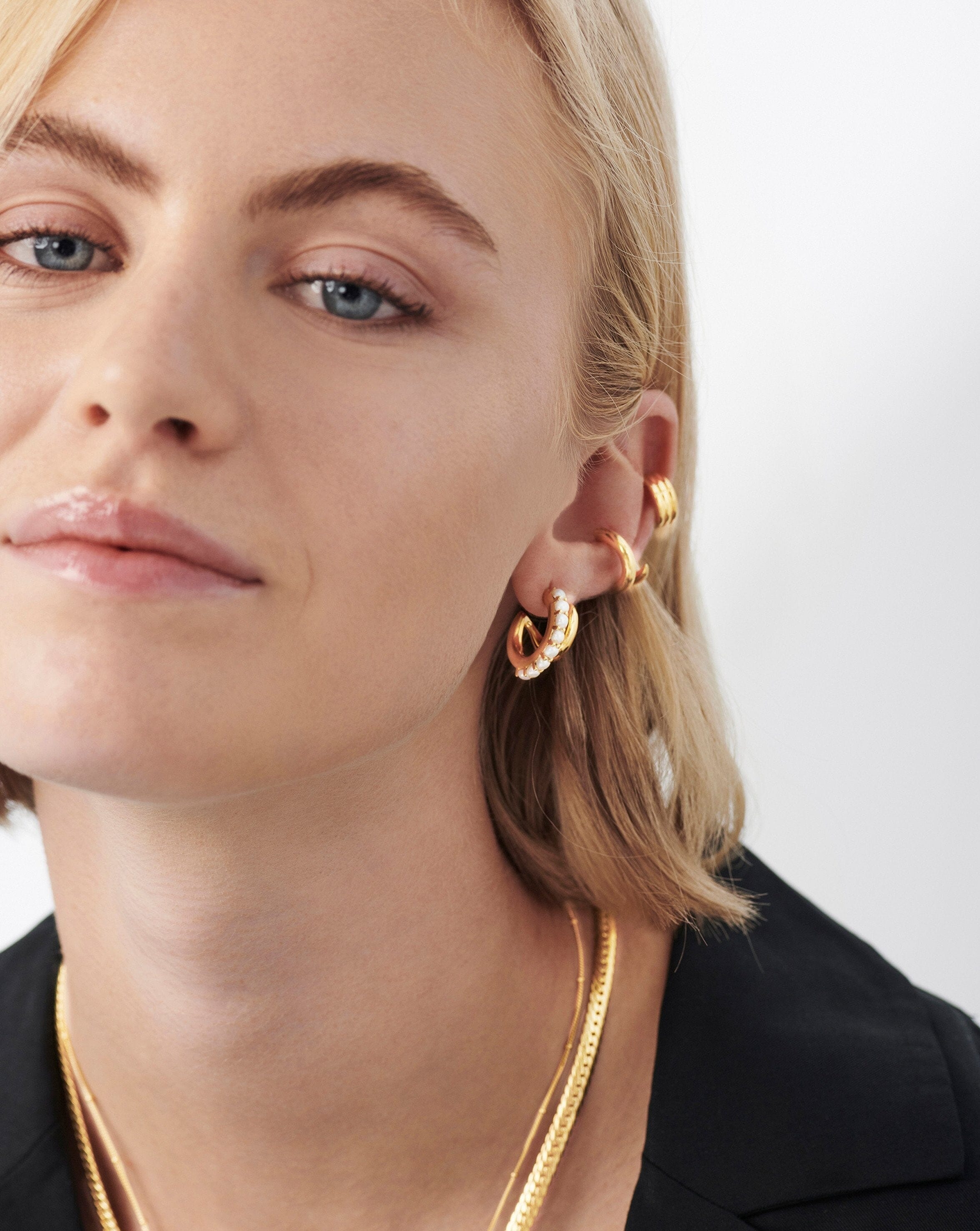 Claw Studded Pearl Double Hoop Earrings | 18ct Gold Plated/Pearl Earrings Missoma 