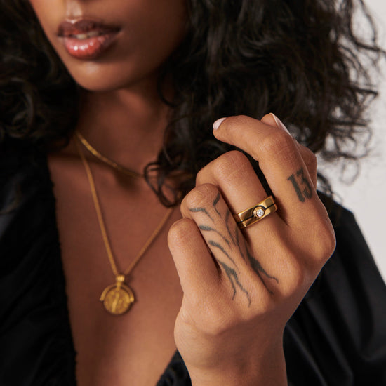 Enamel & Stone Byline Wide Band Ring | 18ct Gold Plated/Cubic Zirconia Rings Missoma 