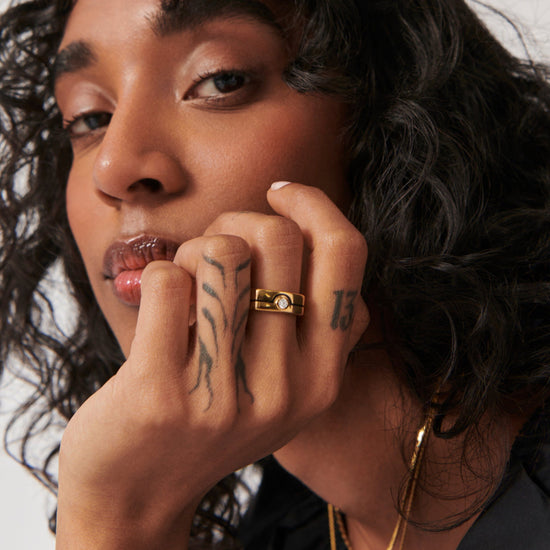 Enamel & Stone Byline Wide Band Ring | 18ct Gold Plated/Cubic Zirconia Rings Missoma 