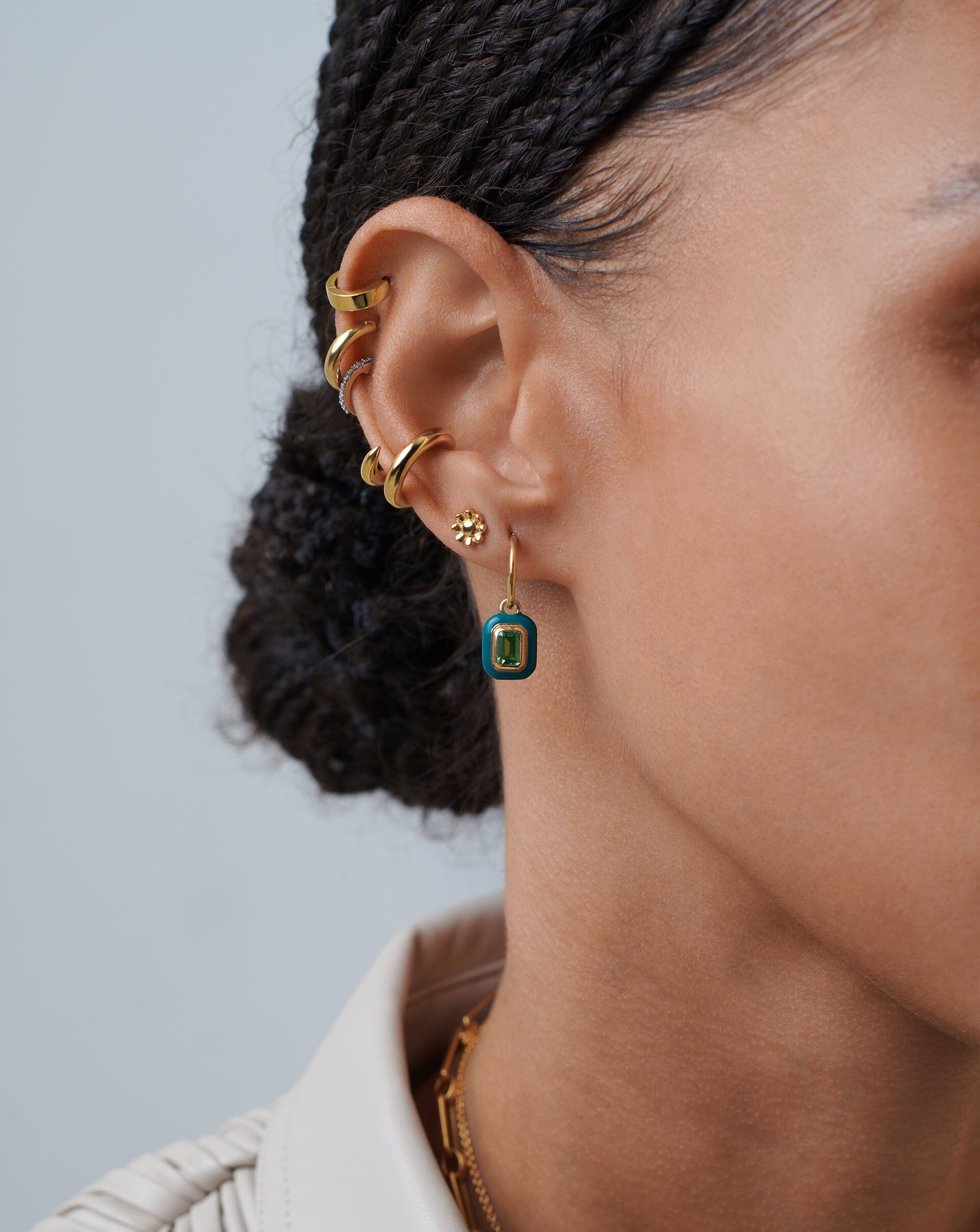 Enamel & Stone Charm Mini Hoop Earrings | 18ct Gold Plated Vermeil/Green Cubic Zirconia Earrings Missoma 