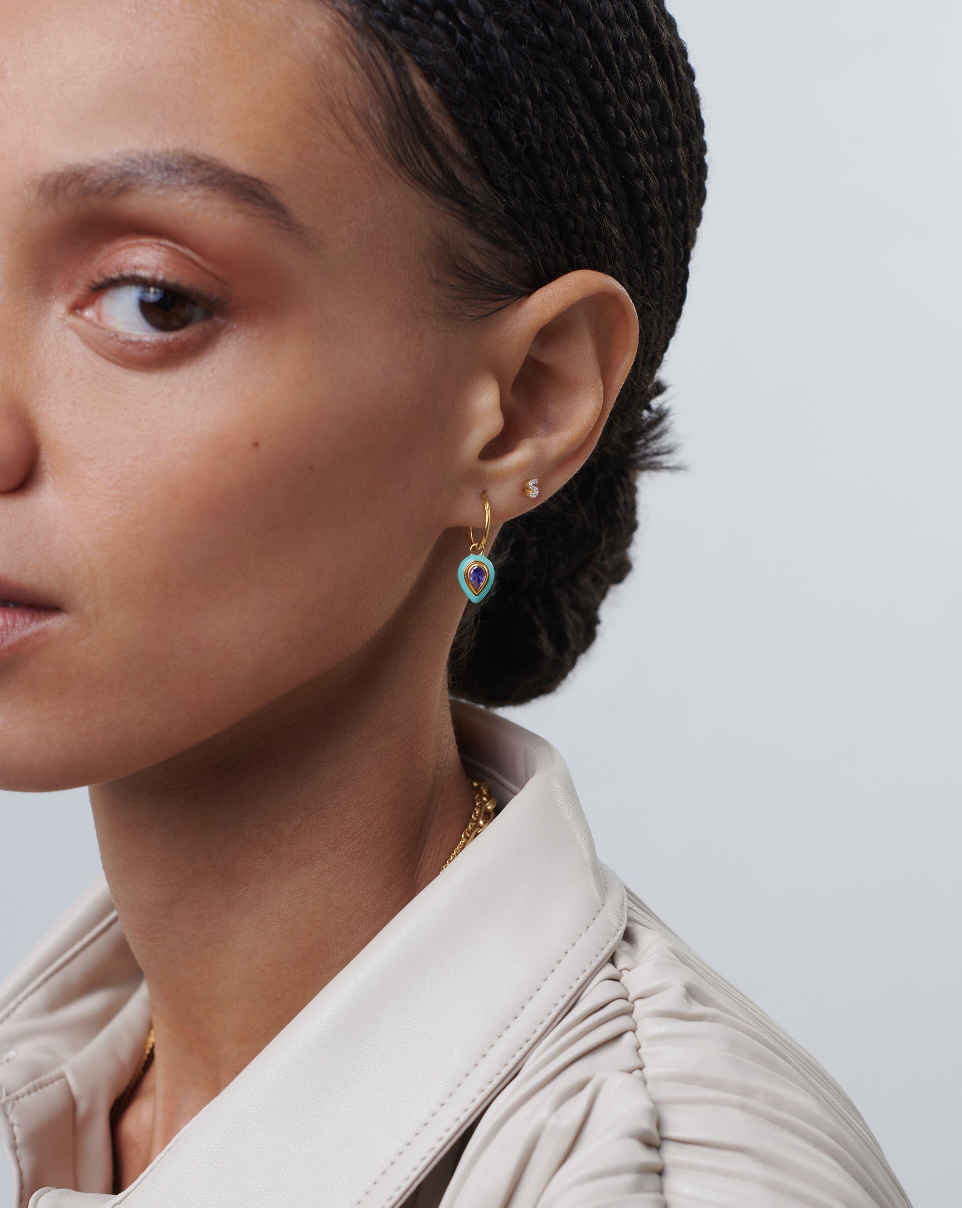 Enamel & Stone Droplet Charm Mini Hoop Earrings | 18ct Gold Plated Vermeil/Blue Cubic Zirconia Earrings Missoma 