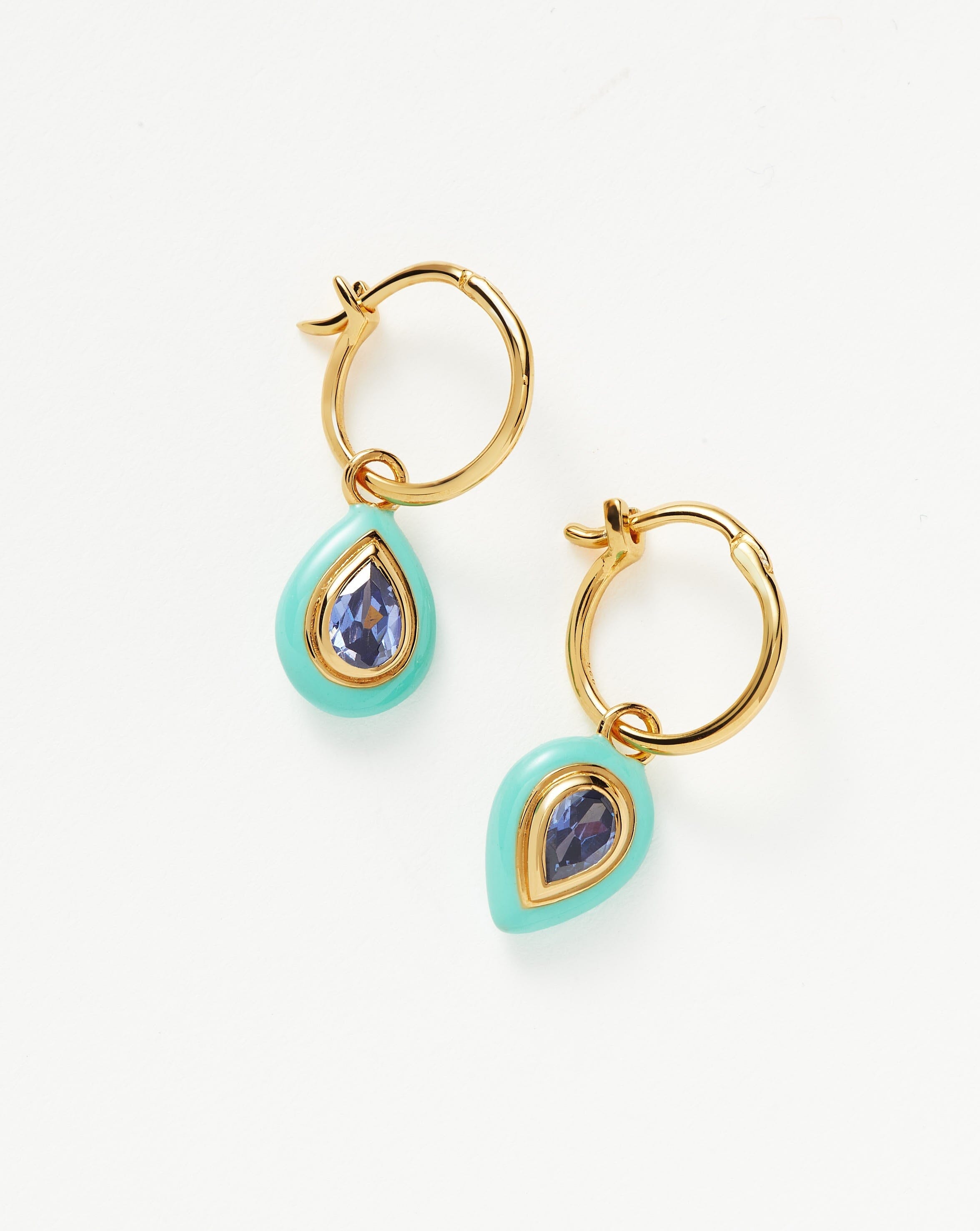 Enamel & Stone Droplet Charm Mini Hoop Earrings | 18ct Gold Plated Vermeil/Blue Cubic Zirconia Earrings Missoma 