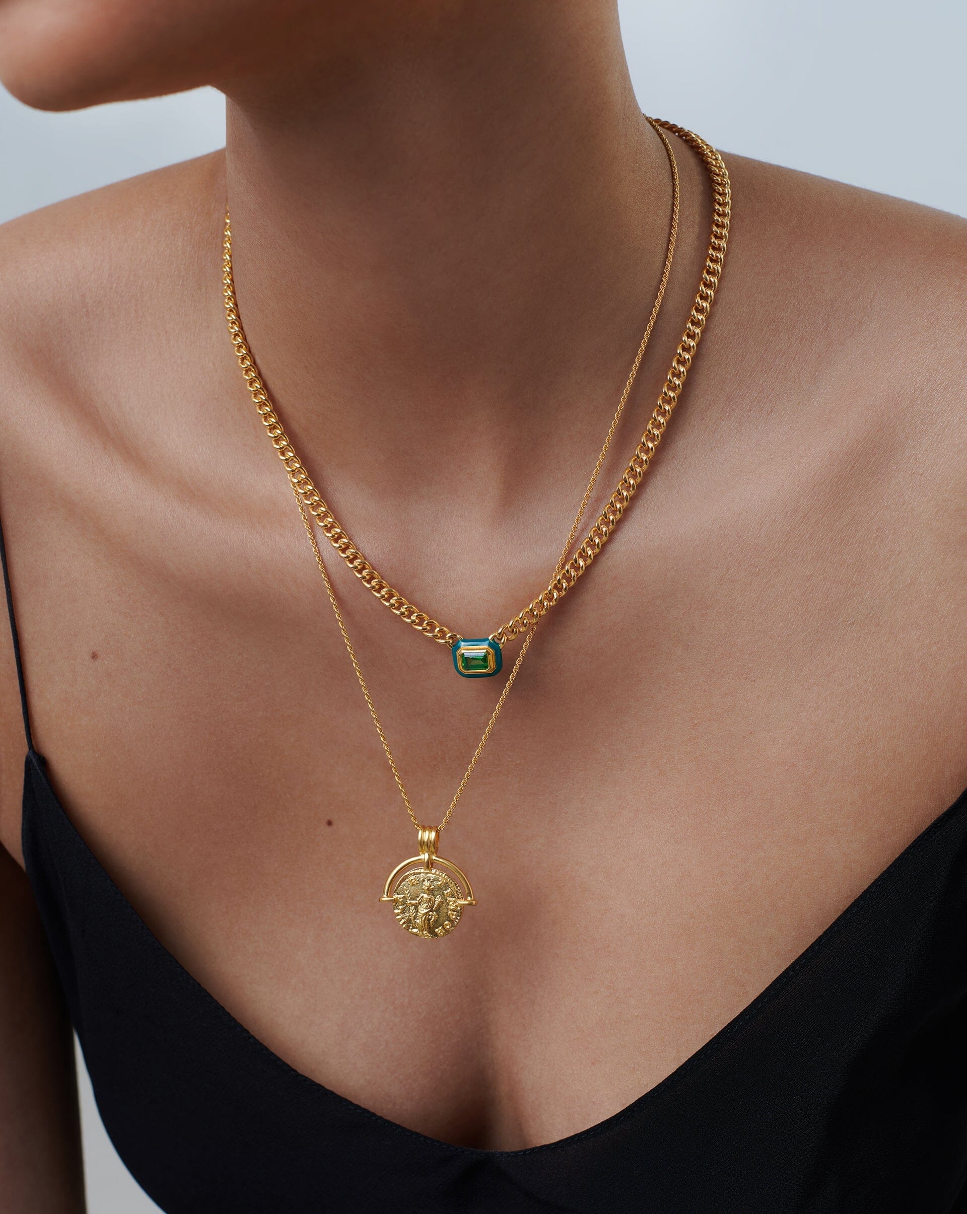 Enamel & Stone Floating Pendant Chain Necklace | 18ct Gold Plated/Green Cubic Zirconia Necklaces Missoma 