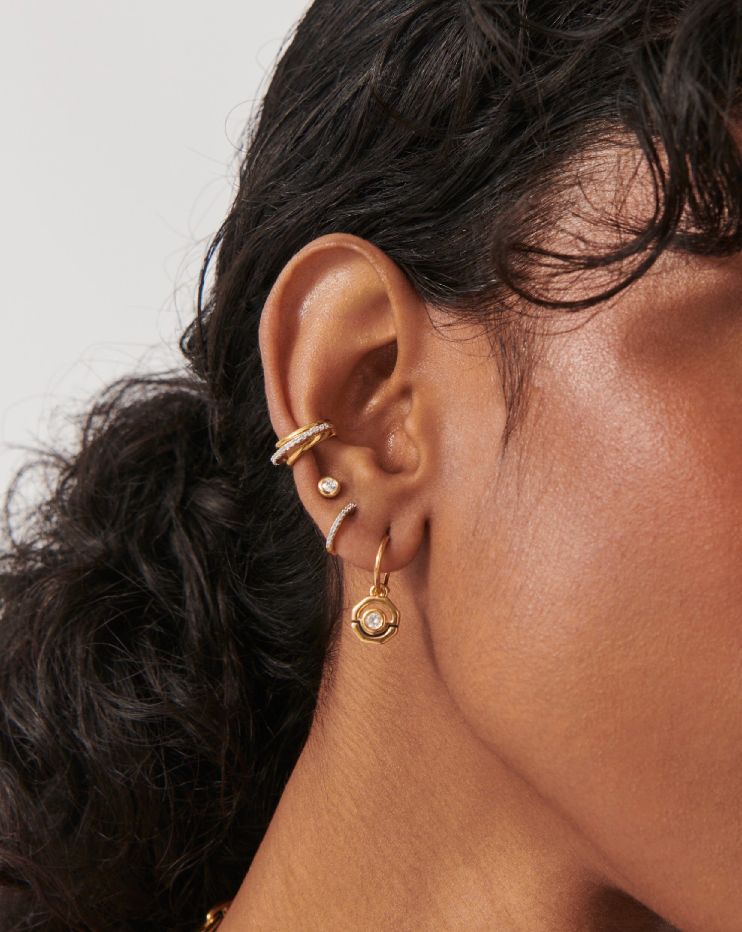 Enamel Stone Hex Charm Small Hoop Earrings 18ct Gold Plated
