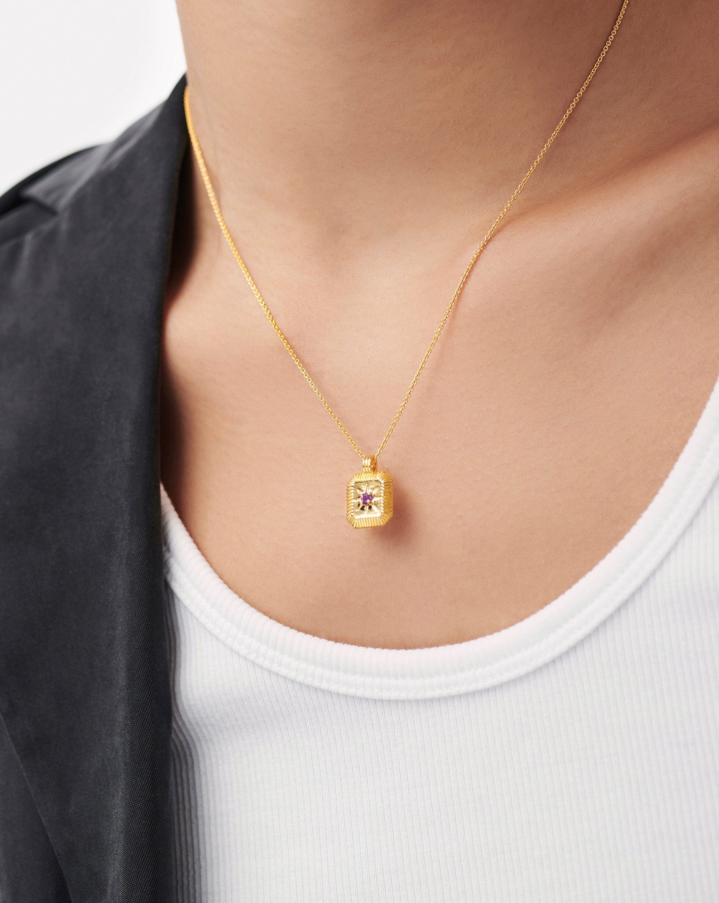 Engravable Birthstone Star Ridge Pendant Necklace - Amethyst/February ...