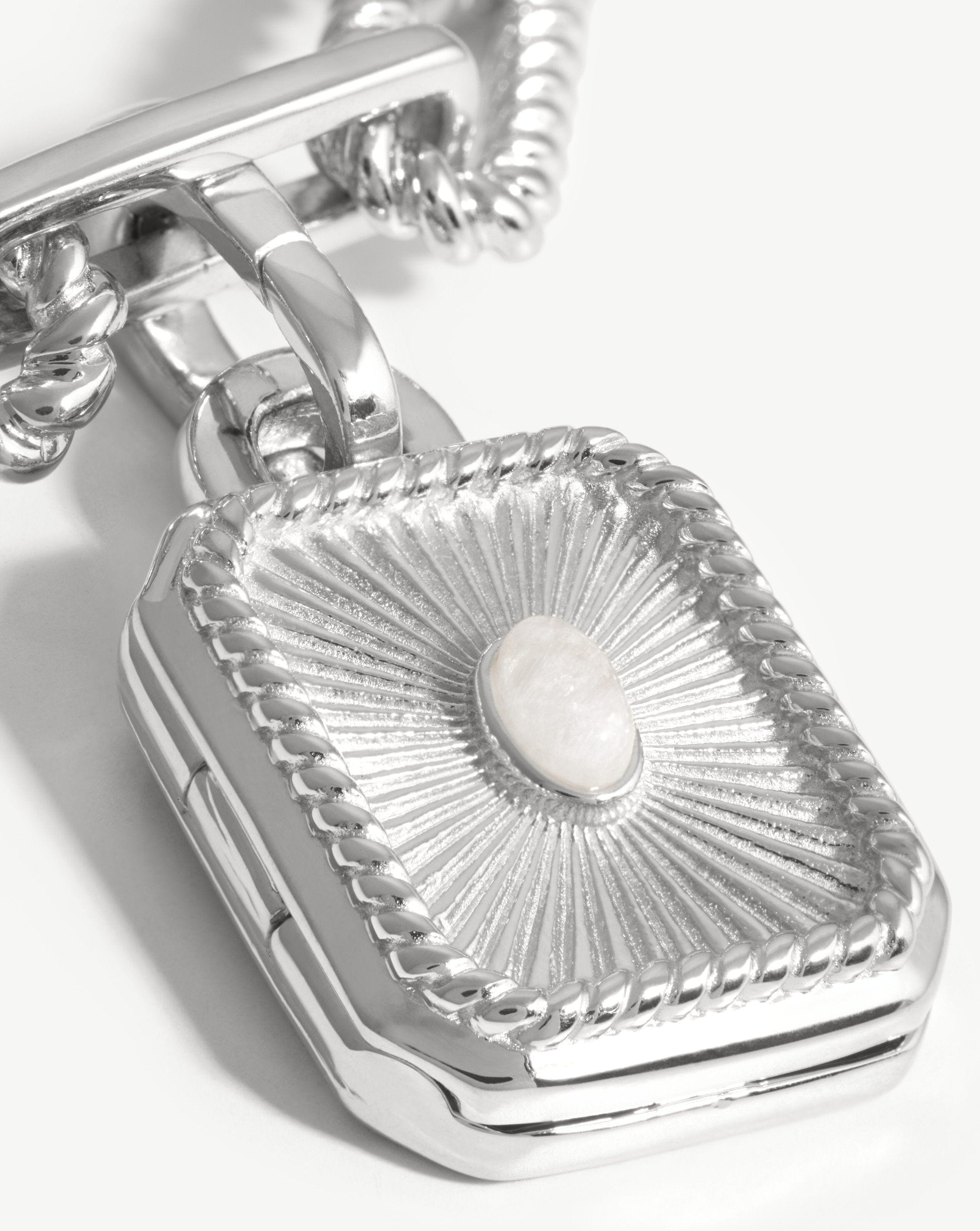Engravable Square Locket Chain Necklace | Silver Plated/Rainbow Moonstone Necklaces Missoma 