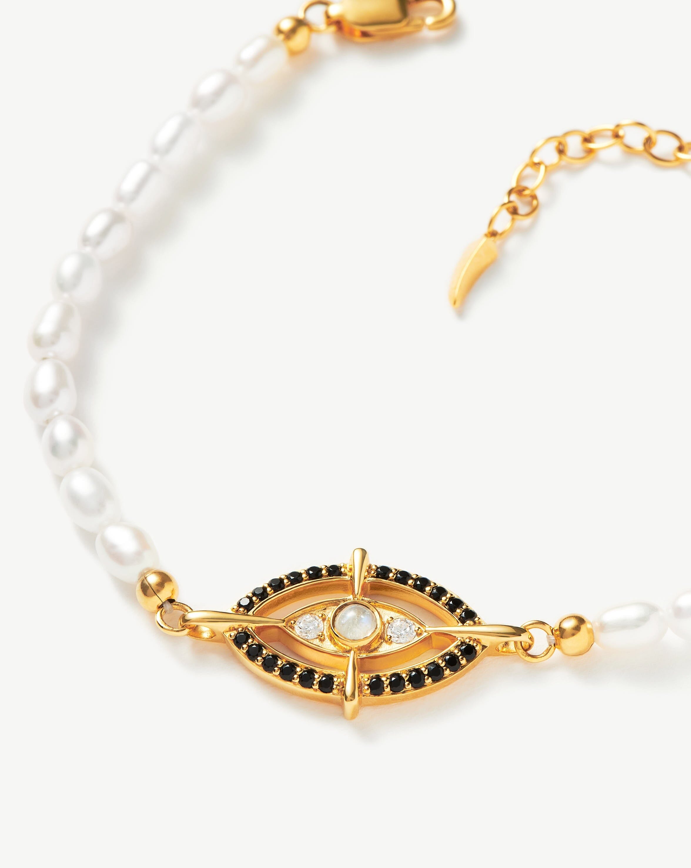 Evil Eye Amulet Pearl Pendant Bracelet | 18ct Gold Plated Vermeil/Rainbow Moonstone & Pearl Bracelets Missoma 