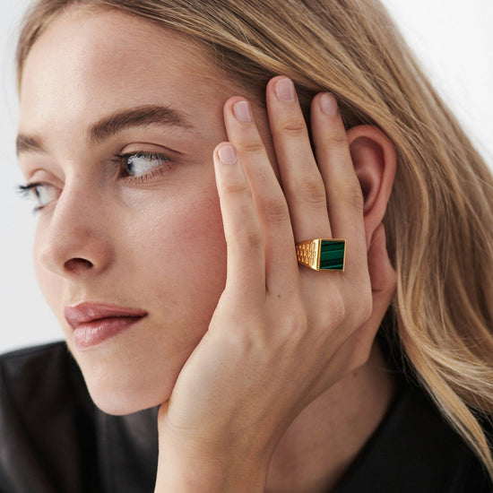 Fused Woven Gemstone Square Signet Ring | 18ct Gold Plated Vermeil/Malachite Rings Missoma 