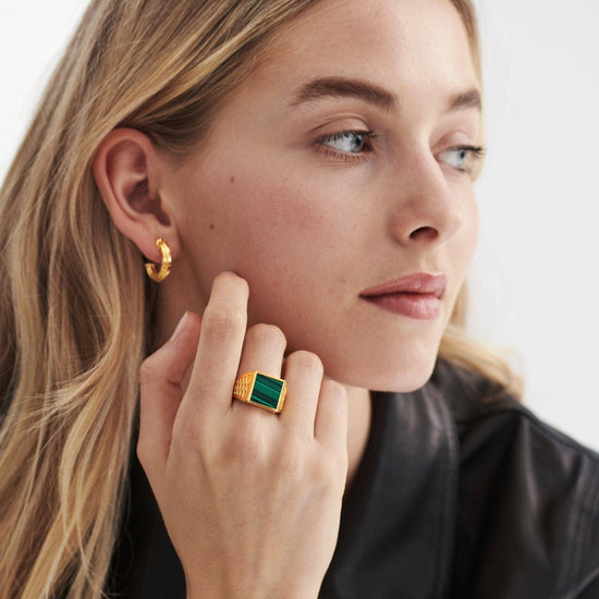 Fused Woven Gemstone Square Signet Ring | 18ct Gold Plated Vermeil/Malachite Rings Missoma 
