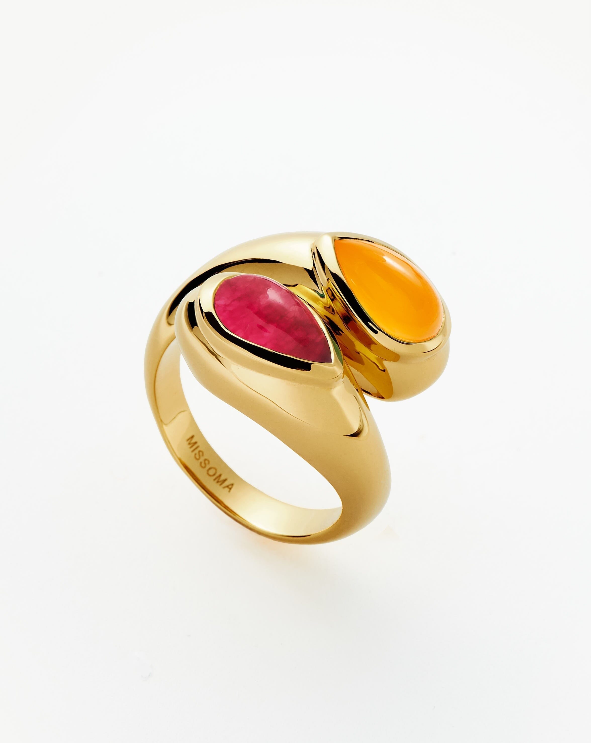 Good Vibes Double Gemstone Crossover Ring | 18ct Gold Plated/Pink Quartz & Peach Chalcedony Rings Missoma 