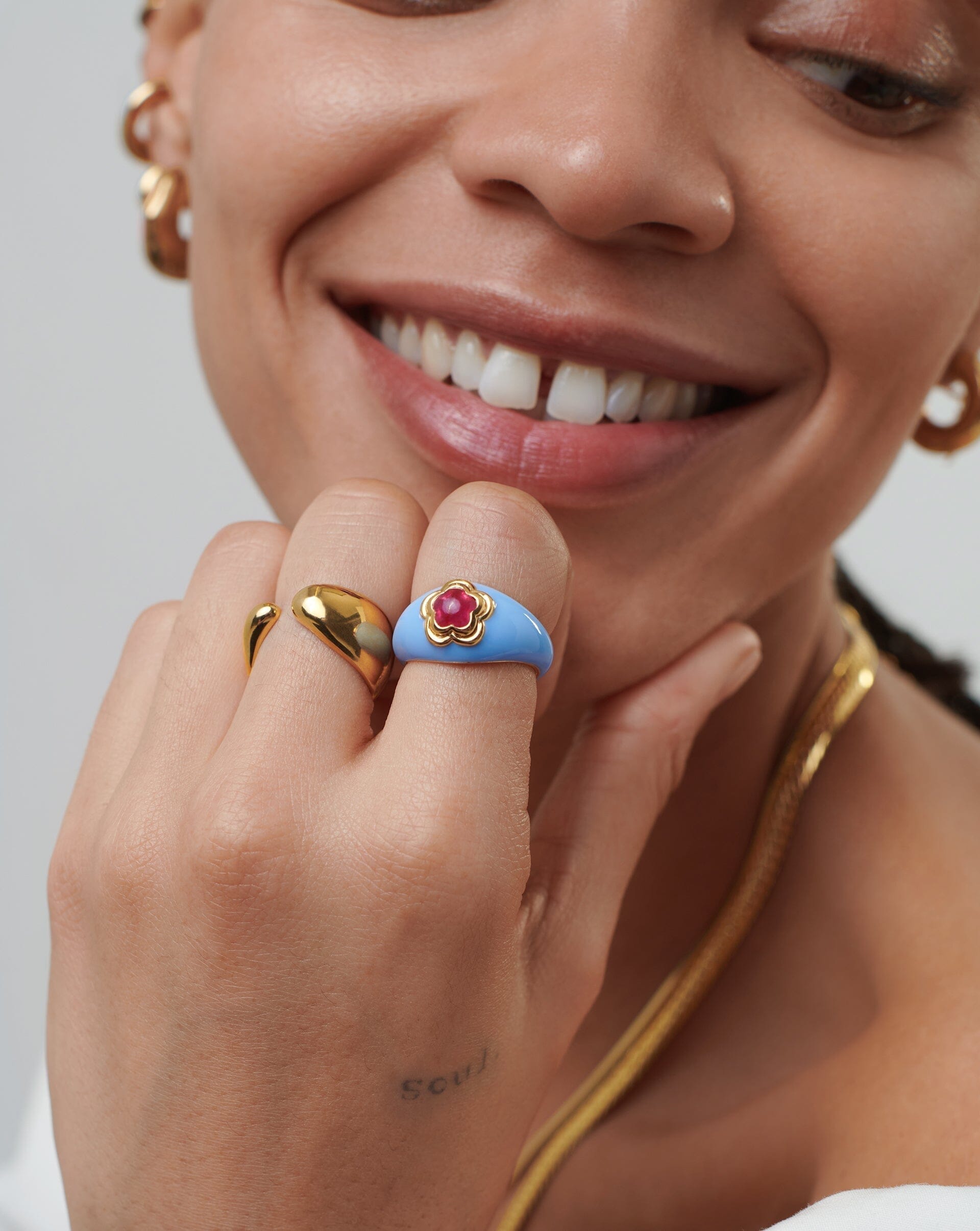 Good Vibes Enamel Flower Gemstone Ring | 18ct Gold Plated/Blue Rings Missoma 