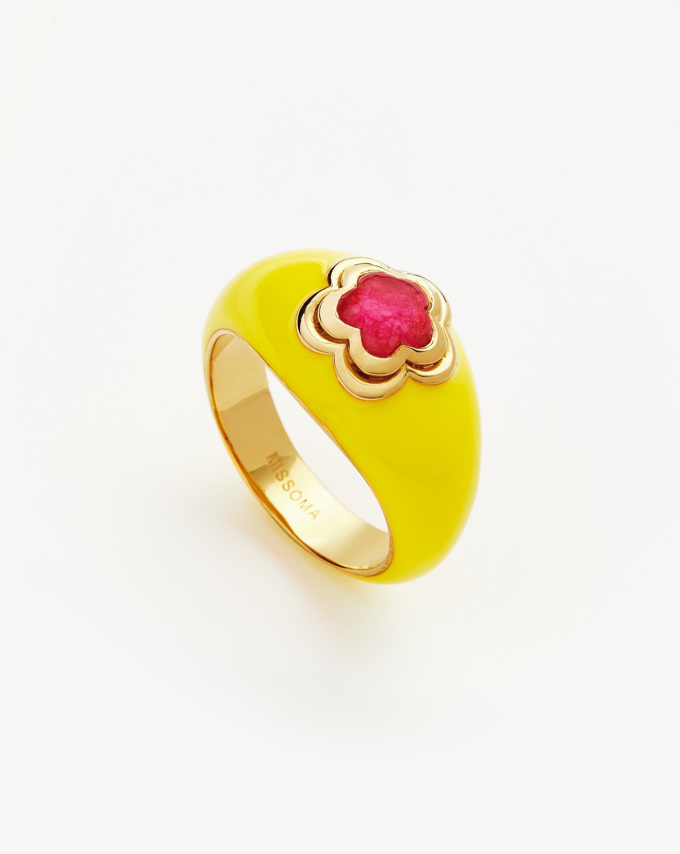 Good Vibes Enamel Flower Gemstone Ring | 18ct Gold Plated/Lemon Yellow Rings Missoma 