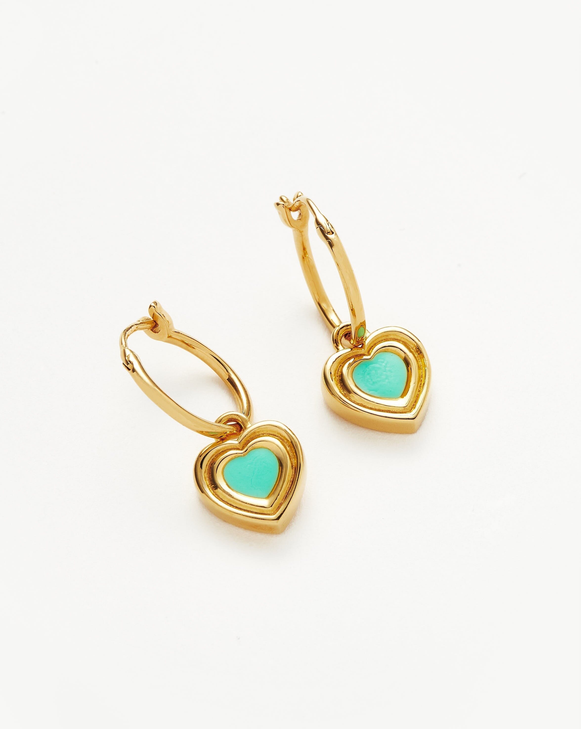 Good Vibes Enamel Heart Mini Charm Hoop Earrings | 18ct Gold Plated Vermeil/Aqua Earrings Missoma 