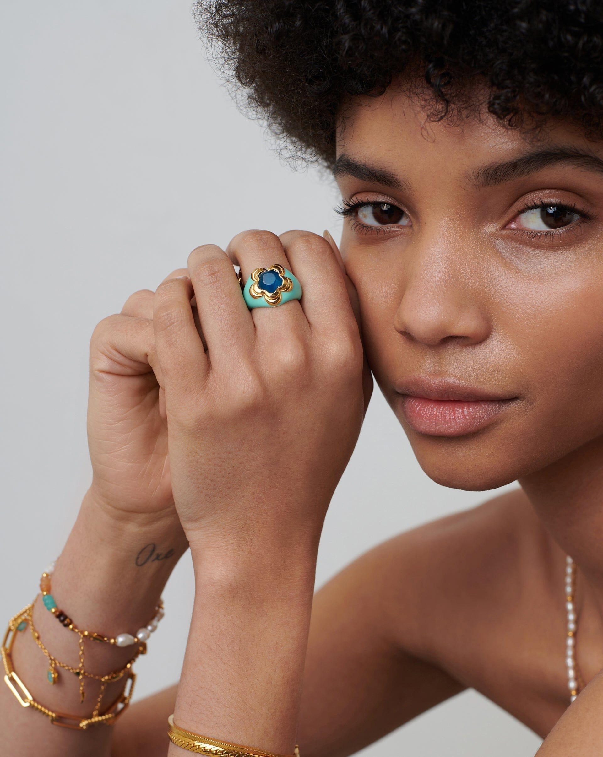 Good Vibes Large Enamel Flower Gemstone Ring | 18ct Gold Plated/Petrol Blue Quartz Rings Missoma 