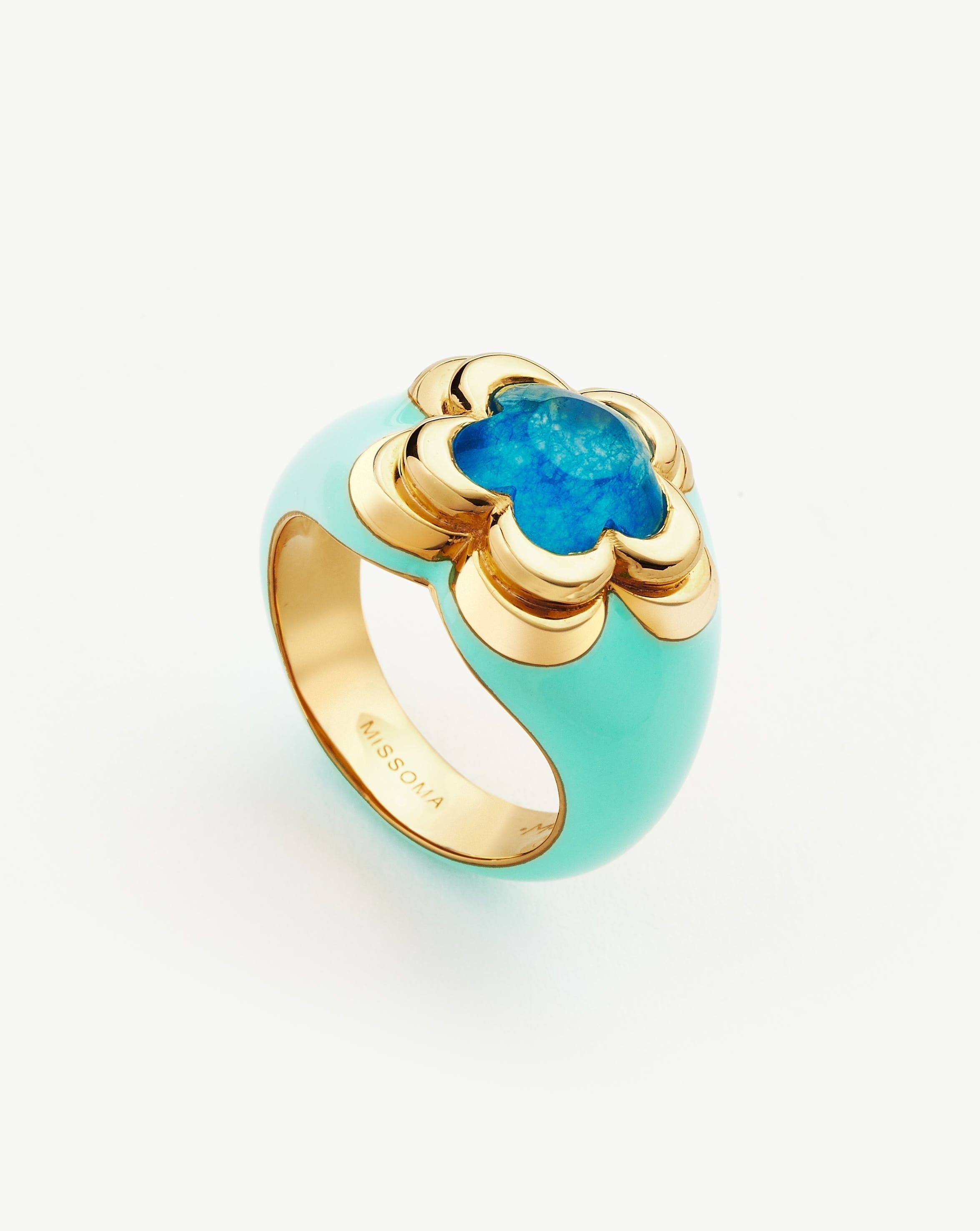 Good Vibes Large Enamel Flower Gemstone Ring | 18ct Gold Plated/Petrol Blue Quartz Rings Missoma 