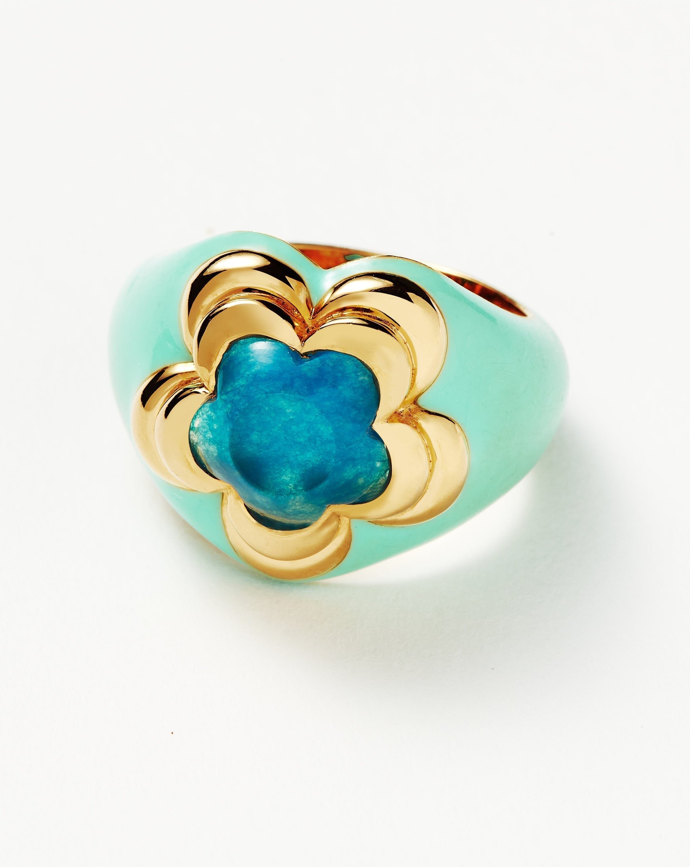 Good Vibes Large Enamel Flower Gemstone Ring | 18ct Gold Plated/Petrol Blue Quartz Rings Missoma 