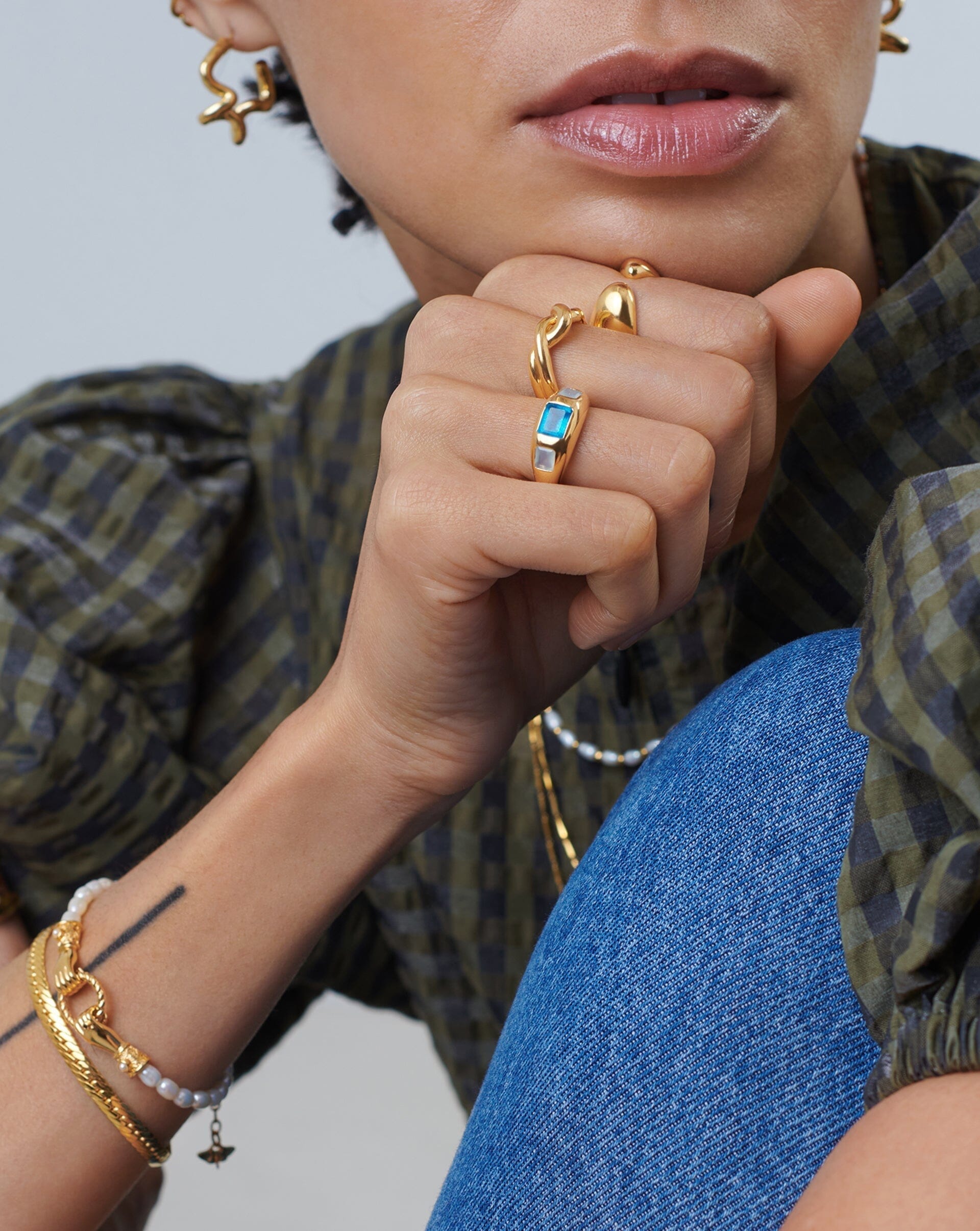 Good Vibes Triple Gemstone Statement Ring | 18ct Gold Plated/Petrol Blue Quartz & Aqua Chalcedony Rings Missoma 