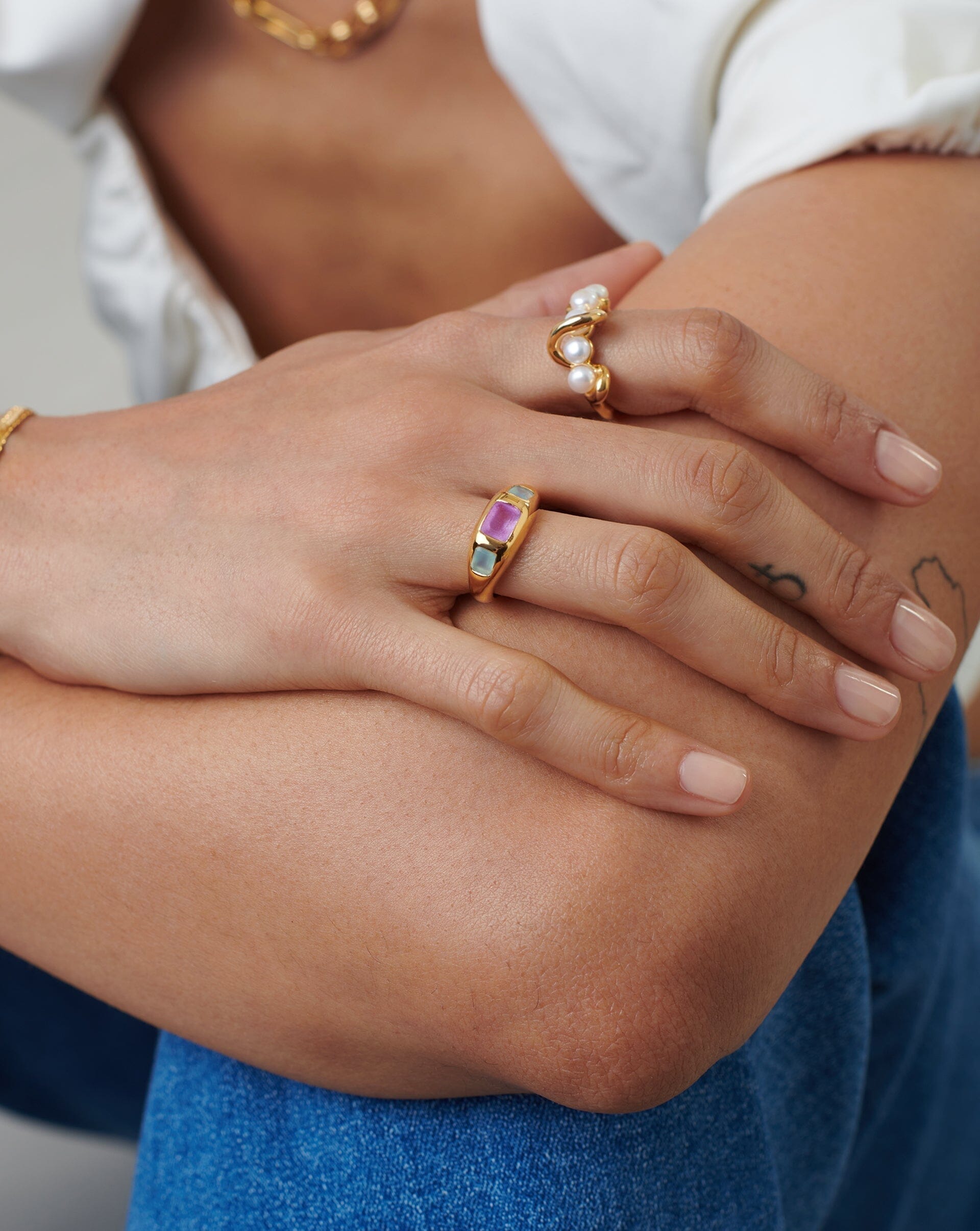 Good Vibes Triple Gemstone Statement Ring | 18ct Gold Plated/Purple Quartz & Aqua Chalcedony Rings Missoma 