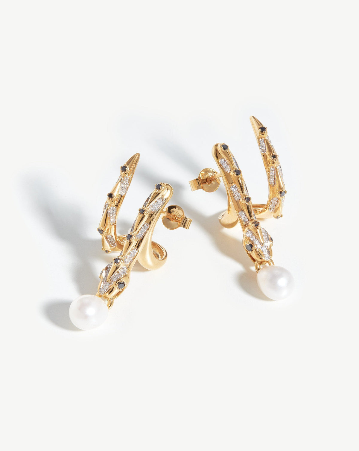 Harris Reed Solid Coiled Serpent Earrings 14ct Solid Gold Pearl & Diamond