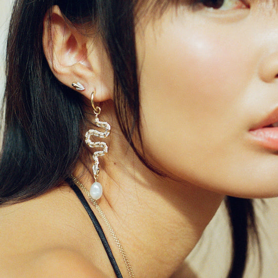 Harris Reed Fine Serpent Drop Earrings | 14ct Solid Gold/Pearl & Diamond Earrings Missoma 