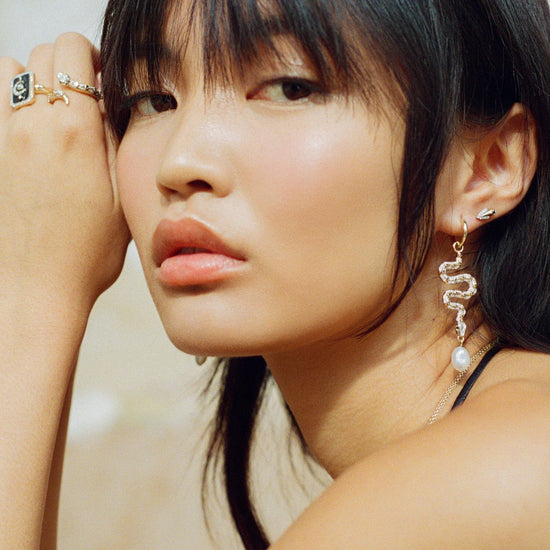 Harris Reed Fine Serpent Drop Earrings | 14ct Solid Gold/Pearl & Diamond Earrings Missoma 
