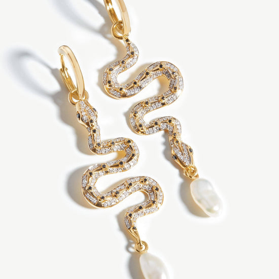 Harris Reed Fine Serpent Drop Earrings | 14ct Solid Gold/Pearl & Diamond Earrings Missoma 