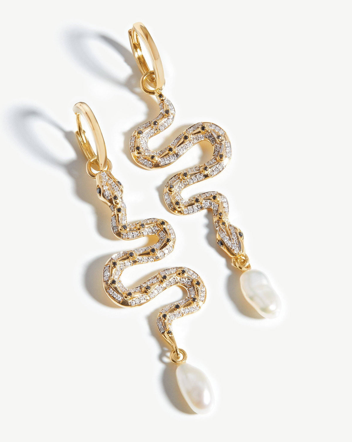 Harris Reed Solid Serpent Drop Earrings 14ct Solid Gold Pearl & Diamond