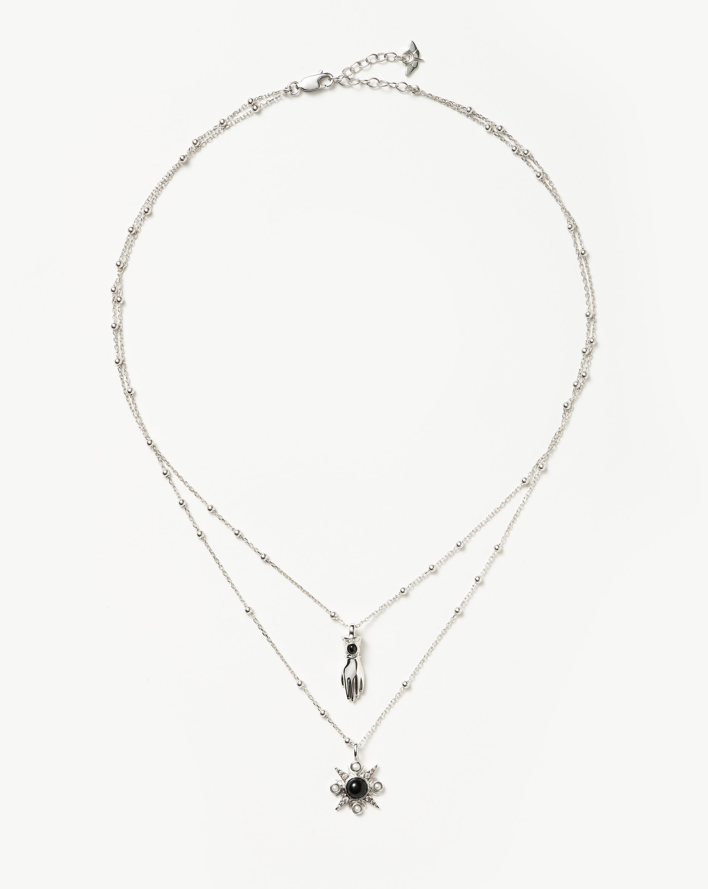 Harris Reed Handpicked Double Chain Pendant Necklace | Silver Plated/Pearl & Onyx Necklaces Missoma Silver Plated/Pearl & Onyx 