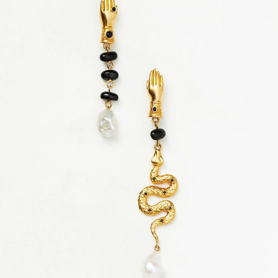 Harris Reed Handpicked Serpent Earrings | 18ct Gold Plated/Pearl & Black Onyx Earrings Missoma 