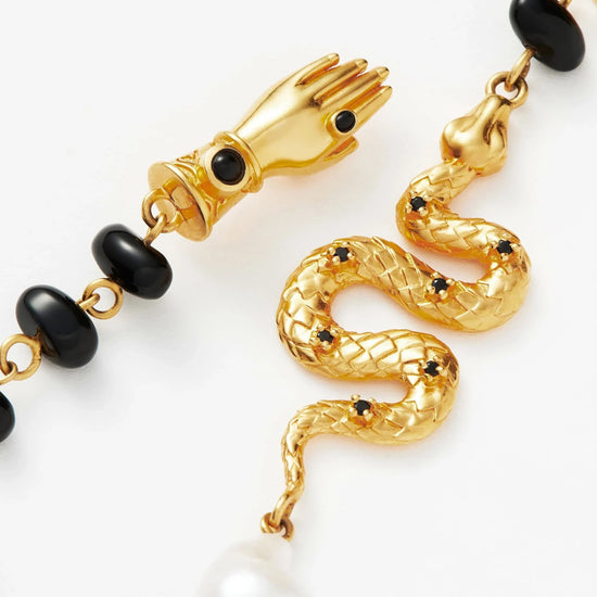 Harris Reed Handpicked Serpent Earrings | 18ct Gold Plated/Pearl & Black Onyx Earrings Missoma 