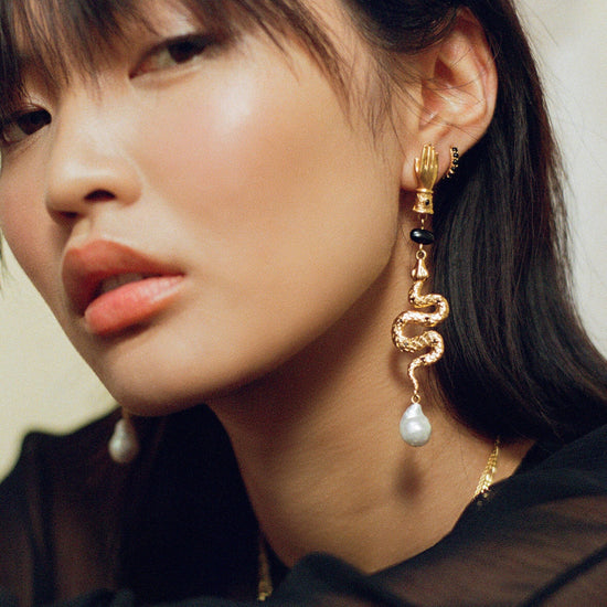 Harris Reed Handpicked Serpent Earrings | 18ct Gold Plated/Pearl & Black Onyx Earrings Missoma 