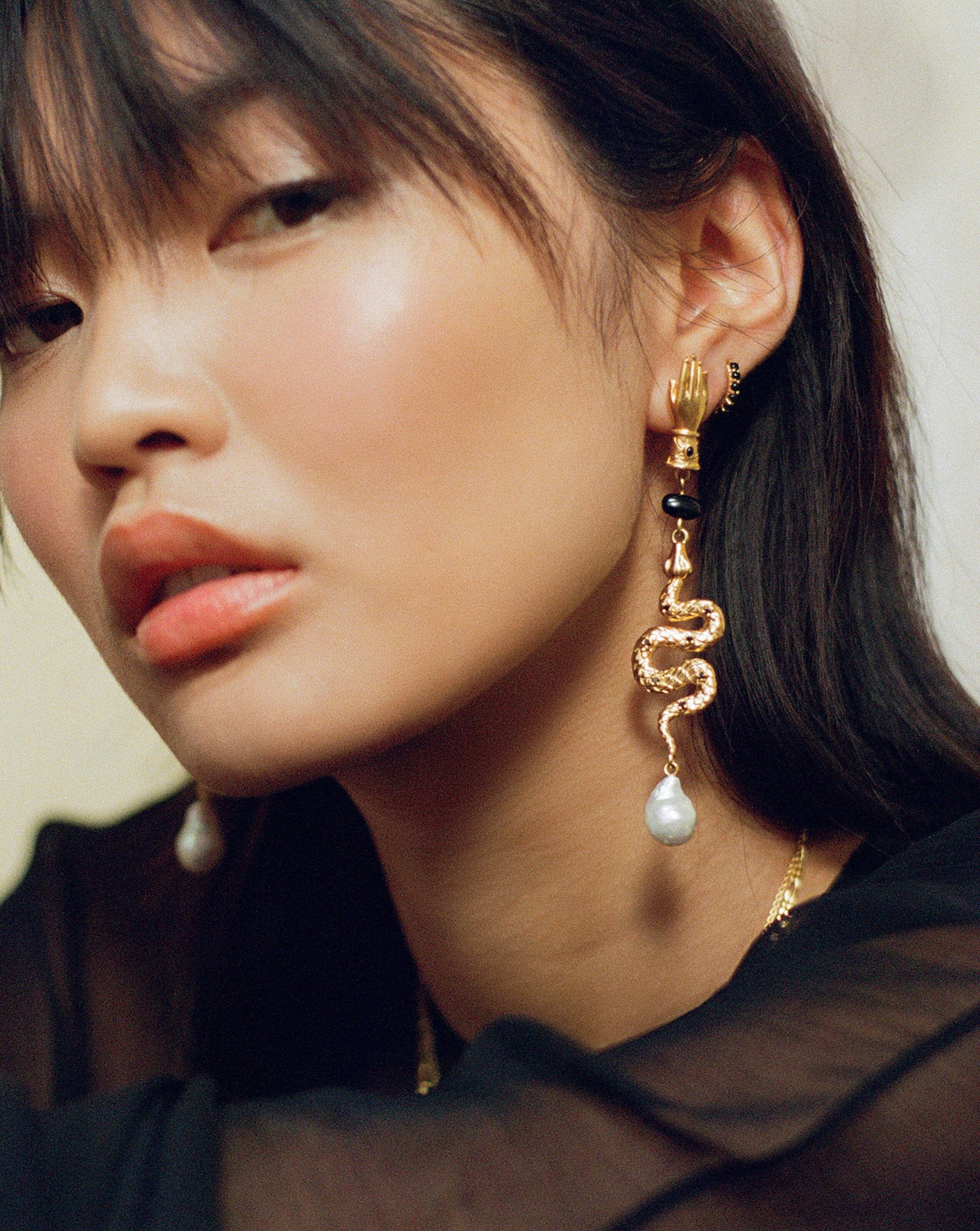 Harris Reed Handpicked Serpent Earrings | 18ct Gold Plated/Pearl & Black Onyx Earrings Missoma 