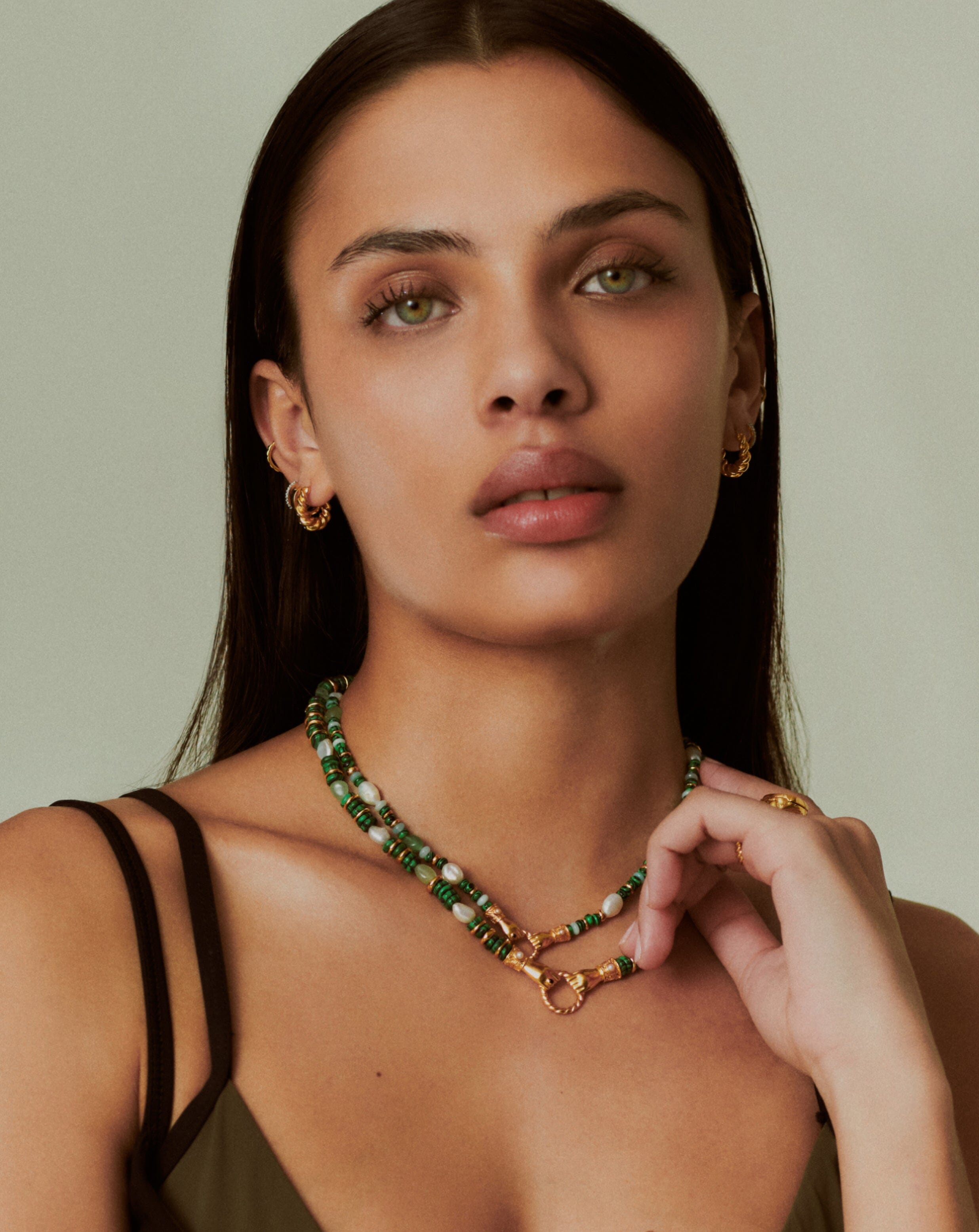Harris Reed In Good Hands Chunky Beaded Gemstone Necklace | 18ct Gold Plated/Multi Green Gemstone & Pearl Necklaces Missoma 