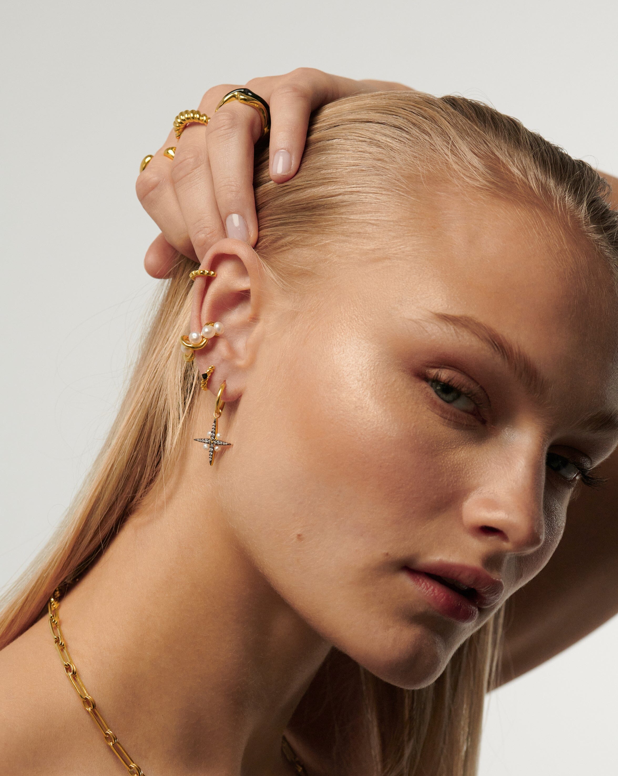 Harris Reed North Star Pearl Hoop Earrings | 18ct Gold Plated Vermeil/Pearl Earrings Missoma 