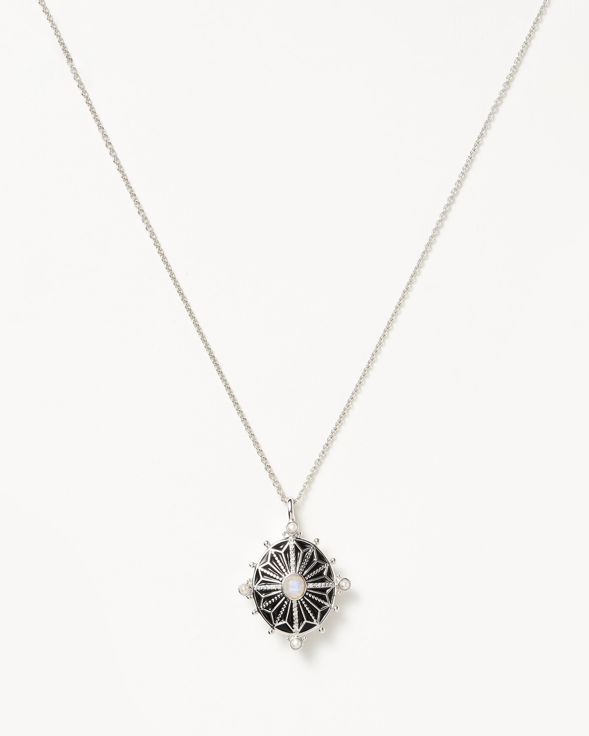 Harris Reed Ornate Locket Necklace | Silver Plated/Pearl & Rainbow Moonstone Necklaces Missoma Silver Plated/Pearl & Rainbow Moonstone 