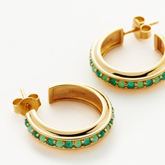 Hot Rox Gemstone Medium Hoop Earrings | 18ct Gold Plated Vermeil/Green Onyx & Chalcedony Earrings Missoma 