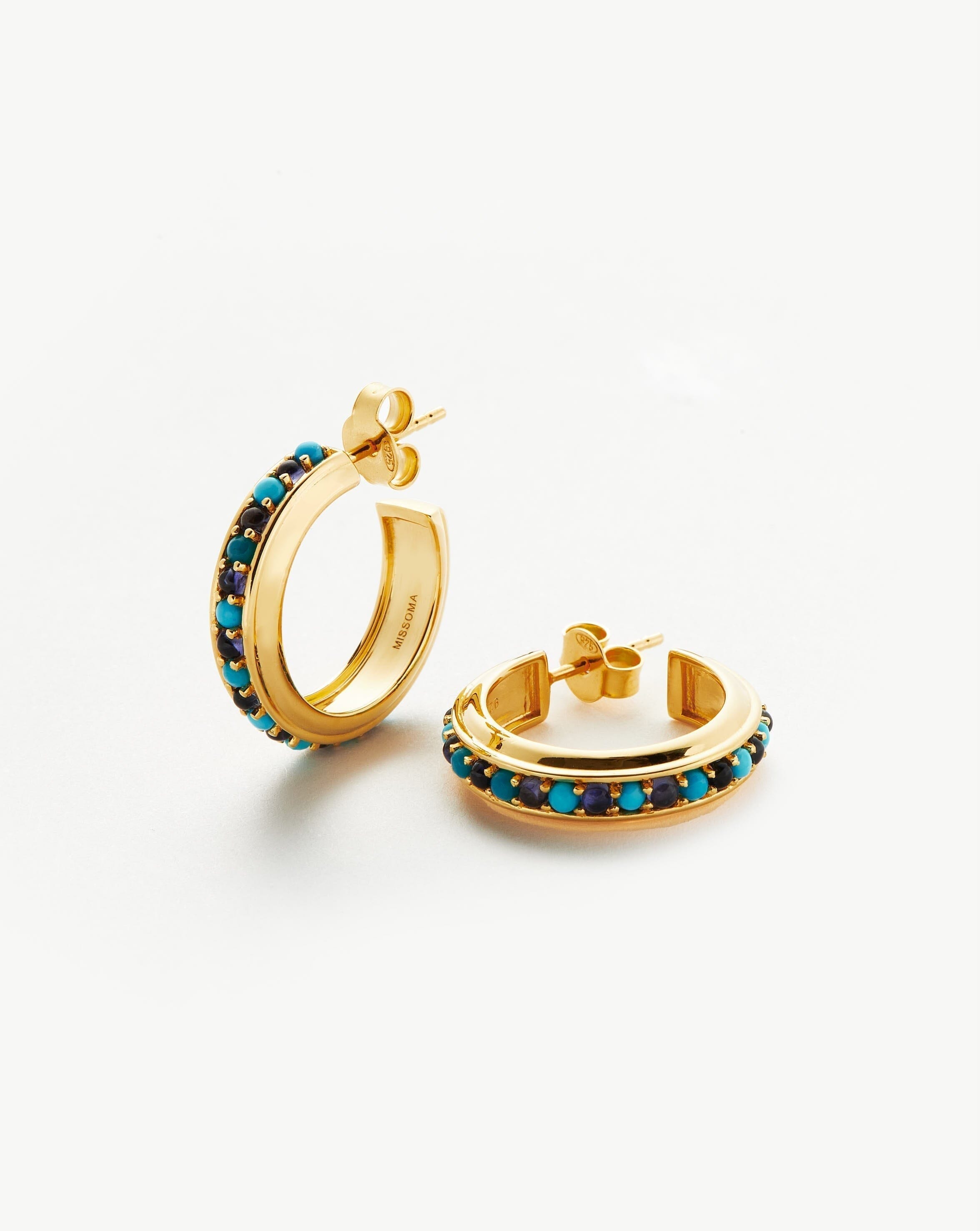 Hot Rox Gemstone Medium Hoop Earrings | 18ct Gold Plated Vermeil/Turqu ...