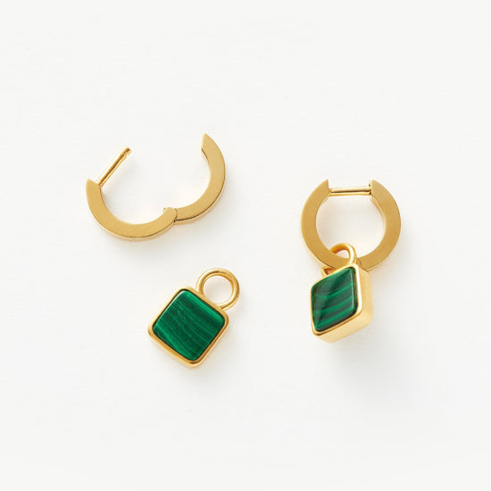 Lucy Williams Square Malachite Charm Mini Hoop Earrings | 18ct Gold Plated Vermeil/Malachite Earrings Missoma 